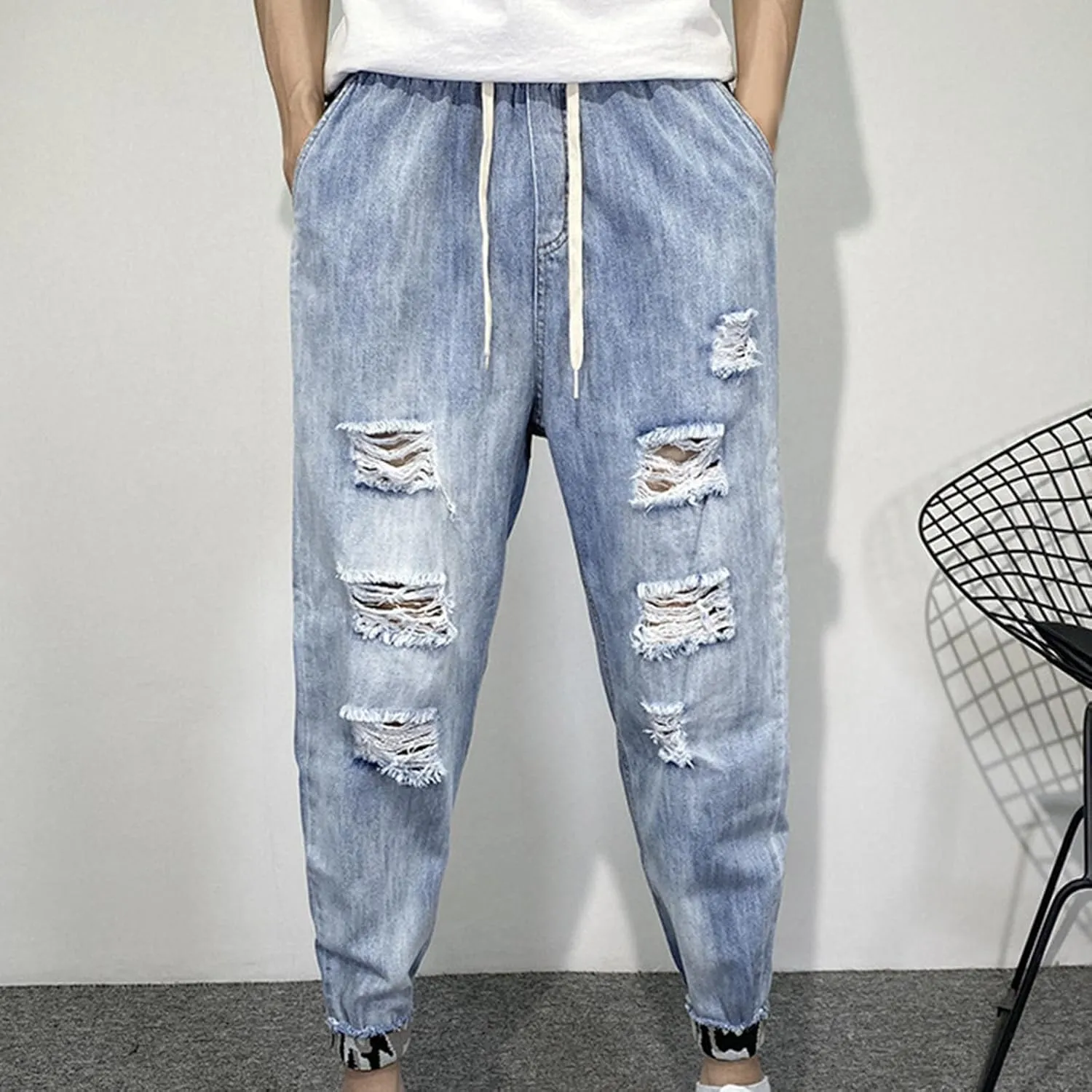 Men's Ripped Baggy Jeans Distressed Destroyed Denim Pants Elastic Waist Stretch Tapered Jeans Hip Pop Streetwear