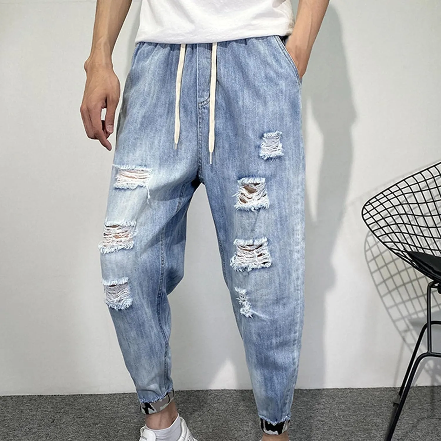 Men's Ripped Baggy Jeans Distressed Destroyed Denim Pants Elastic Waist Stretch Tapered Jeans Hip Pop Streetwear