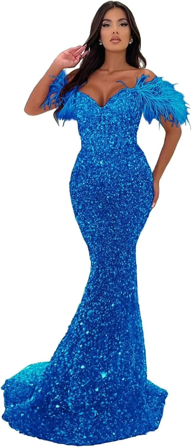 Off Shoulder Sweetheart Mermaid Prom Dresses 2024 Long Sparkly Sequin Feathers Sheath Formal Evening Party Gowns with Train