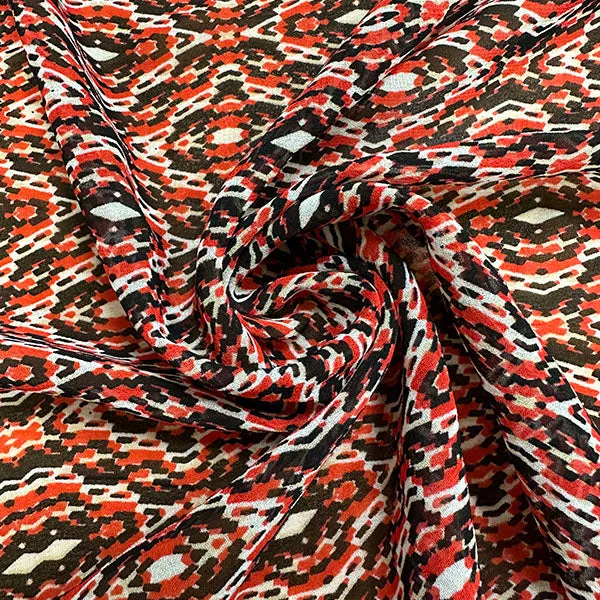 Red Multi Medallion Poly Print Chiffon Fabric