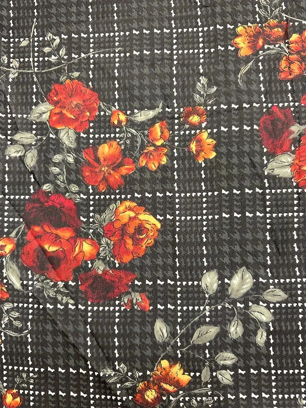 Rust Floral Plaid Print Poly Chiffon Fabric