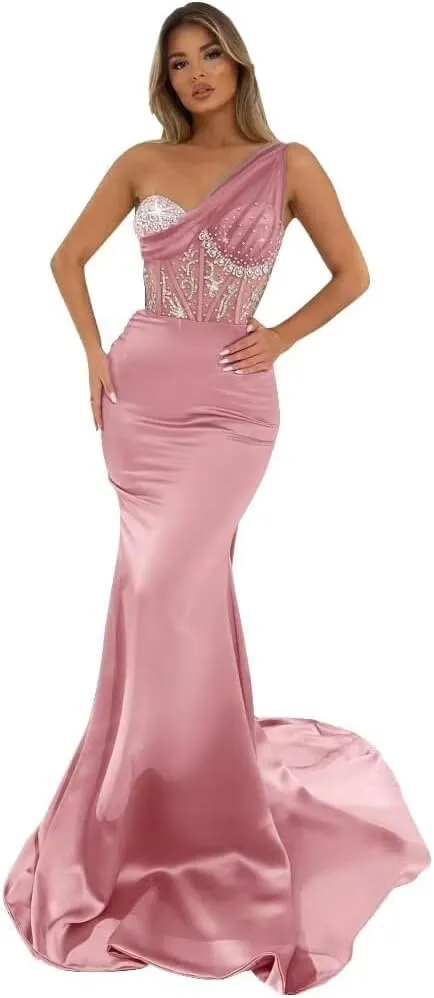 Sequin Beaded Mermaid Prom Dresses Long Sexy One Shoulder Satin Tulle Formal Evening Party Gowns with Train 2024