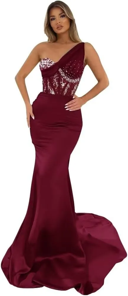 Sequin Beaded Mermaid Prom Dresses Long Sexy One Shoulder Satin Tulle Formal Evening Party Gowns with Train 2024