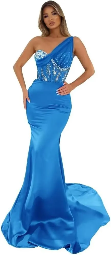 Sequin Beaded Mermaid Prom Dresses Long Sexy One Shoulder Satin Tulle Formal Evening Party Gowns with Train 2024