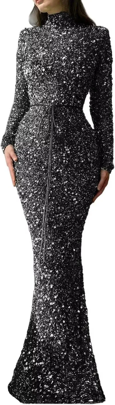 Sequin Mermaid Prom Dresses 2024 Sparkly High Neck Long Sleeve Bodycon Formal Evening Party Gowns with Belt
