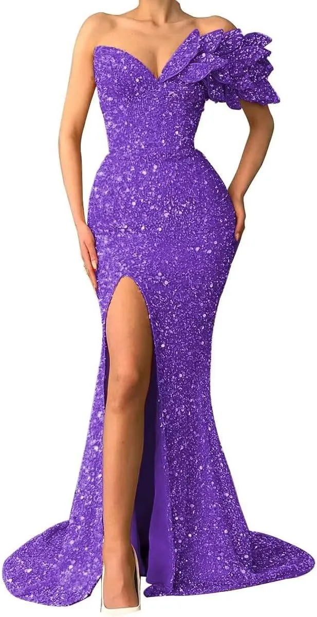 Sequin Prom Dresses 2025 Sparkly One Shoulder Mermaid Evening Gonws Formal Party Bridesmaid Dresses for Wedding