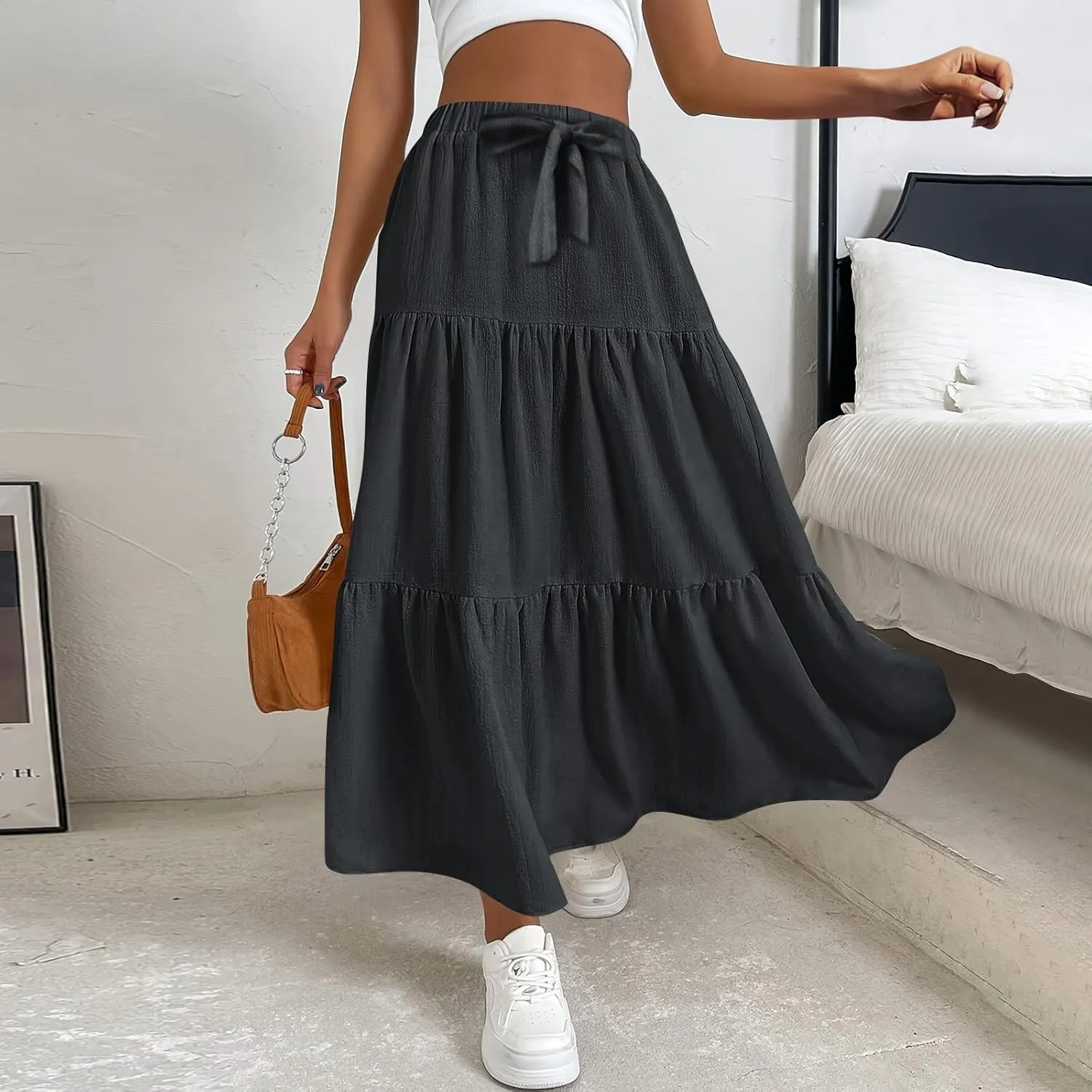 Skirts for Women Trendy High Waisted Tiered Linen Maxi Skirt Casual Flowy Pleated A Line Beach Long Skirts with Tie