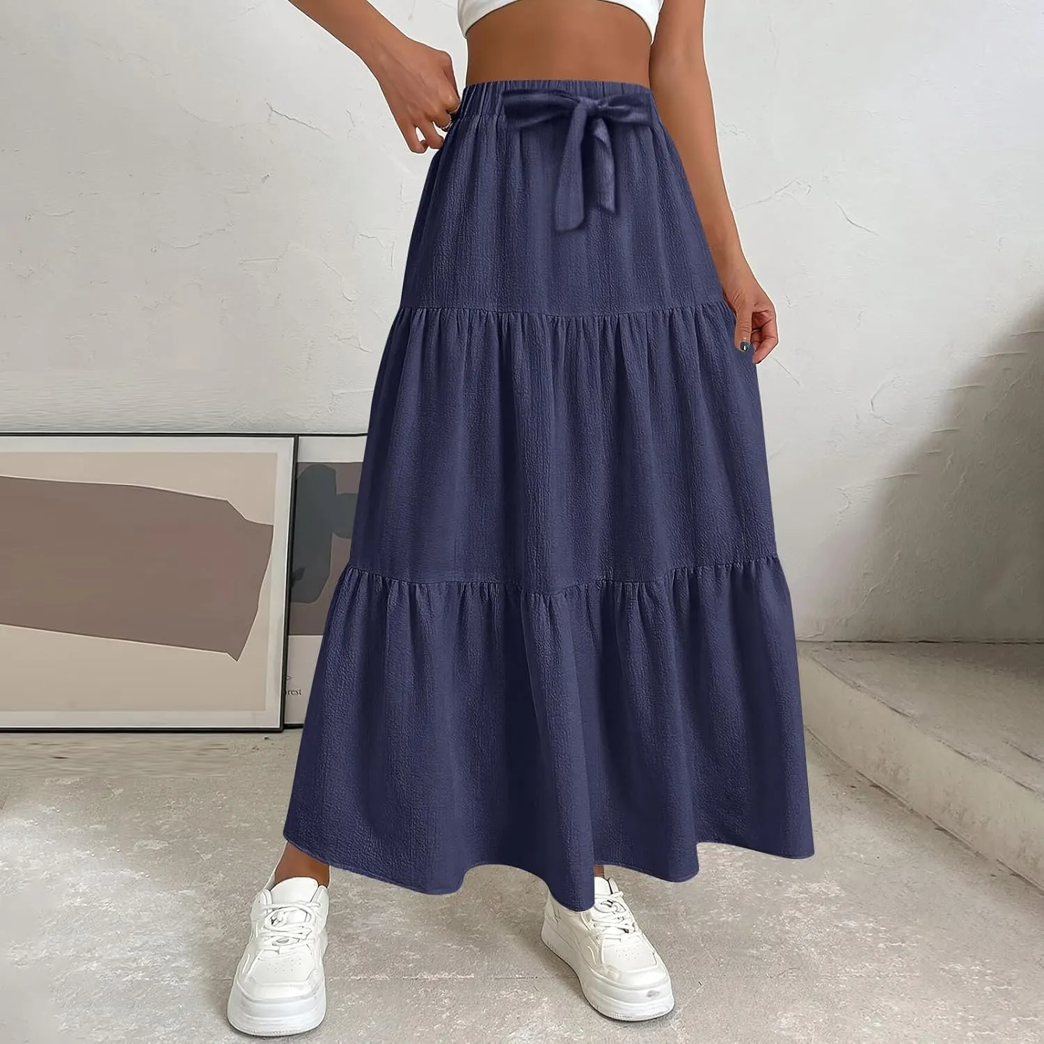 Skirts for Women Trendy High Waisted Tiered Linen Maxi Skirt Casual Flowy Pleated A Line Beach Long Skirts with Tie
