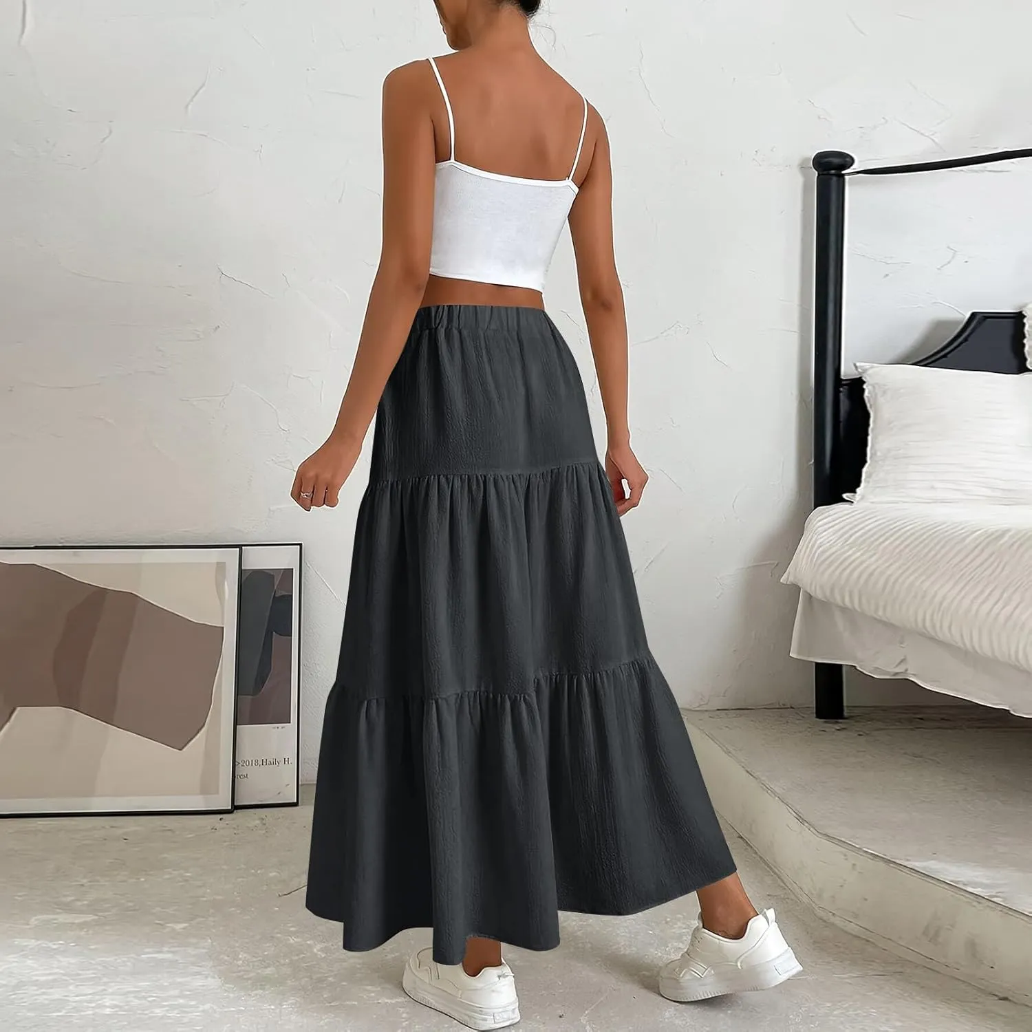 Skirts for Women Trendy High Waisted Tiered Linen Maxi Skirt Casual Flowy Pleated A Line Beach Long Skirts with Tie