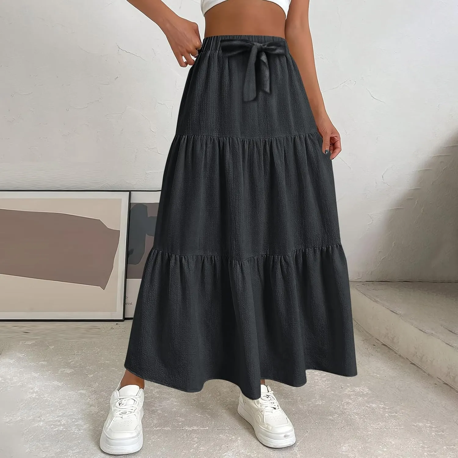 Skirts for Women Trendy High Waisted Tiered Linen Maxi Skirt Casual Flowy Pleated A Line Beach Long Skirts with Tie