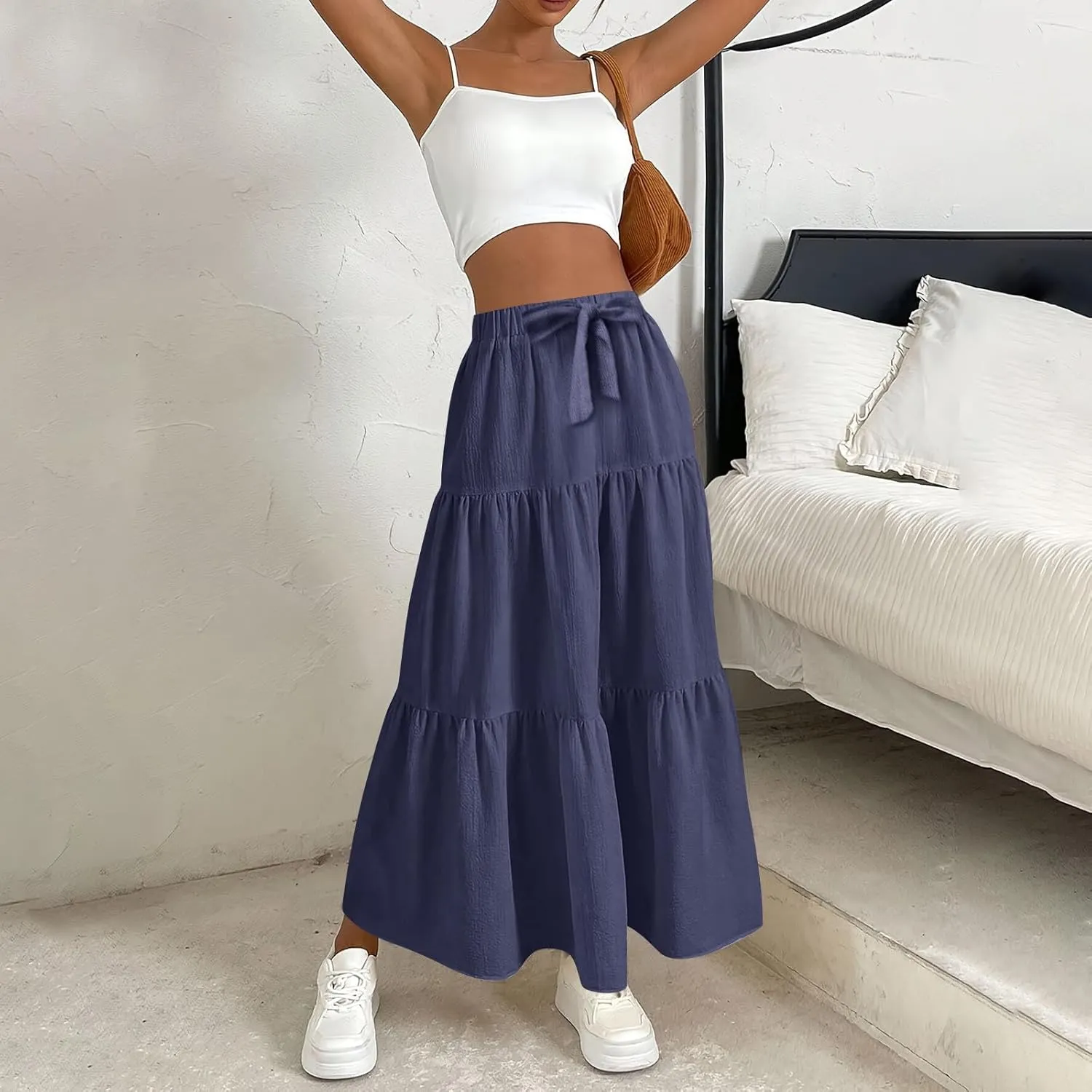 Skirts for Women Trendy High Waisted Tiered Linen Maxi Skirt Casual Flowy Pleated A Line Beach Long Skirts with Tie