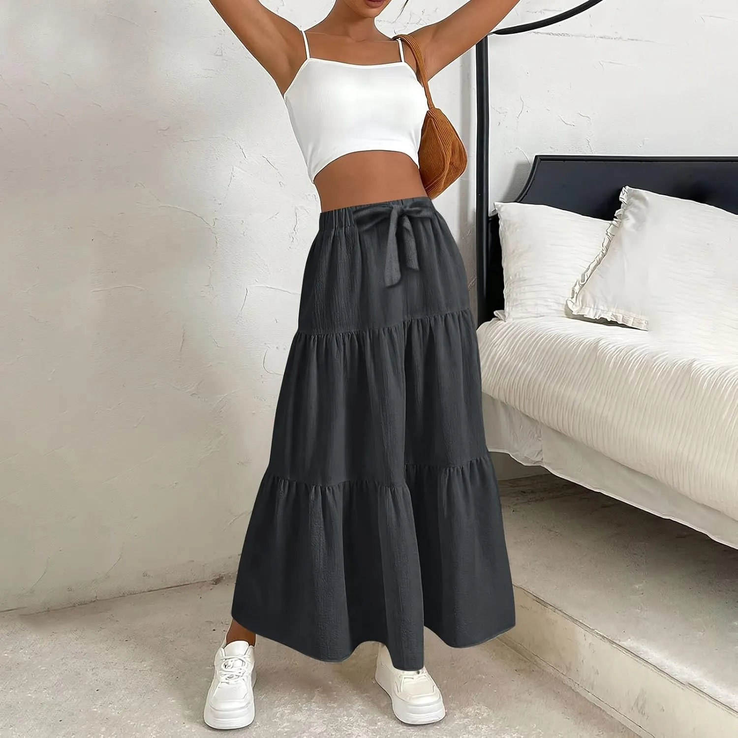Skirts for Women Trendy High Waisted Tiered Linen Maxi Skirt Casual Flowy Pleated A Line Beach Long Skirts with Tie
