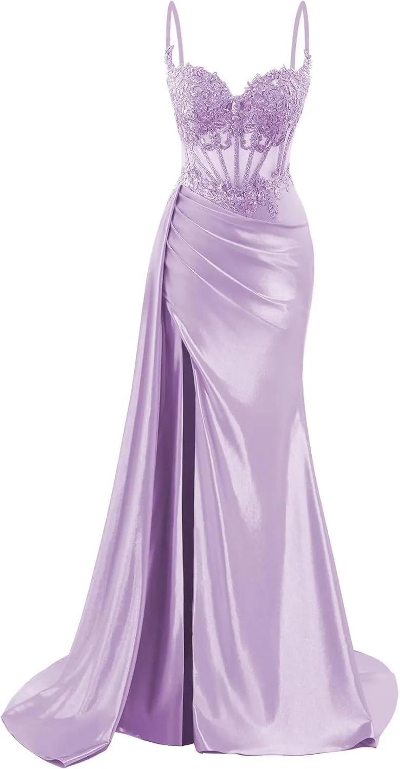 Spaghetti Strap Satin Prom Dresses Long Mermaid Lace Formal Gowns Corset Evening Party Dresses with Slit