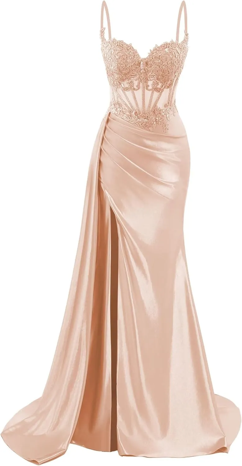 Spaghetti Strap Satin Prom Dresses Long Mermaid Lace Formal Gowns Corset Evening Party Dresses with Slit