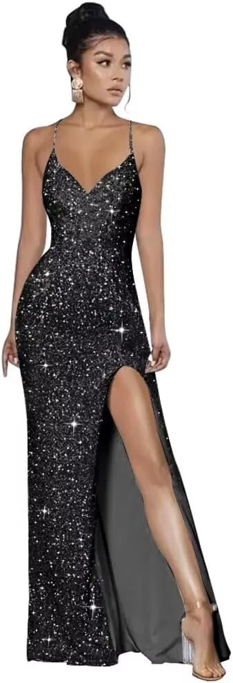 Spaghetti Straps Sequin Prom Dresses 2025 Mermaid Formal Evening Gown V Neck Sparkly Party Dress with Slit
