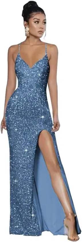 Spaghetti Straps Sequin Prom Dresses 2025 Mermaid Formal Evening Gown V Neck Sparkly Party Dress with Slit