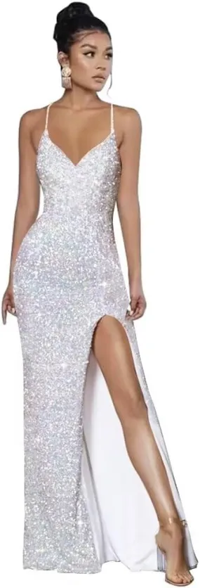 Spaghetti Straps Sequin Prom Dresses 2025 Mermaid Formal Evening Gown V Neck Sparkly Party Dress with Slit