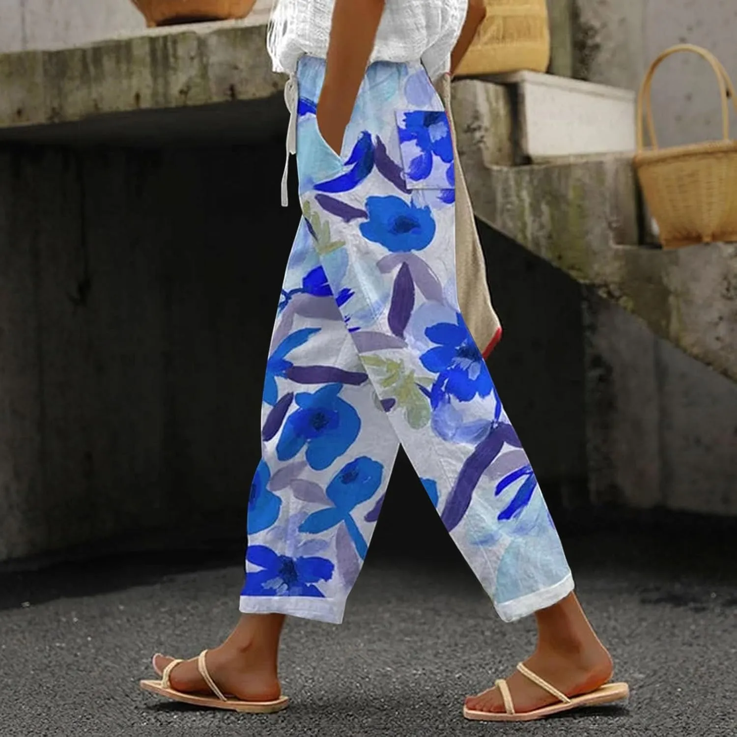 Summer Capri Pants for Women 2024 Flax Elastic Long Pants Beach Leisure Trousers Women's Summer Casual Linen Pants