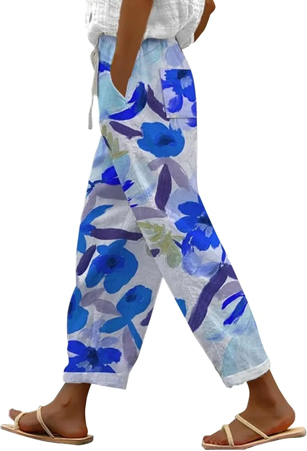 Summer Capri Pants for Women 2024 Flax Elastic Long Pants Beach Leisure Trousers Women's Summer Casual Linen Pants
