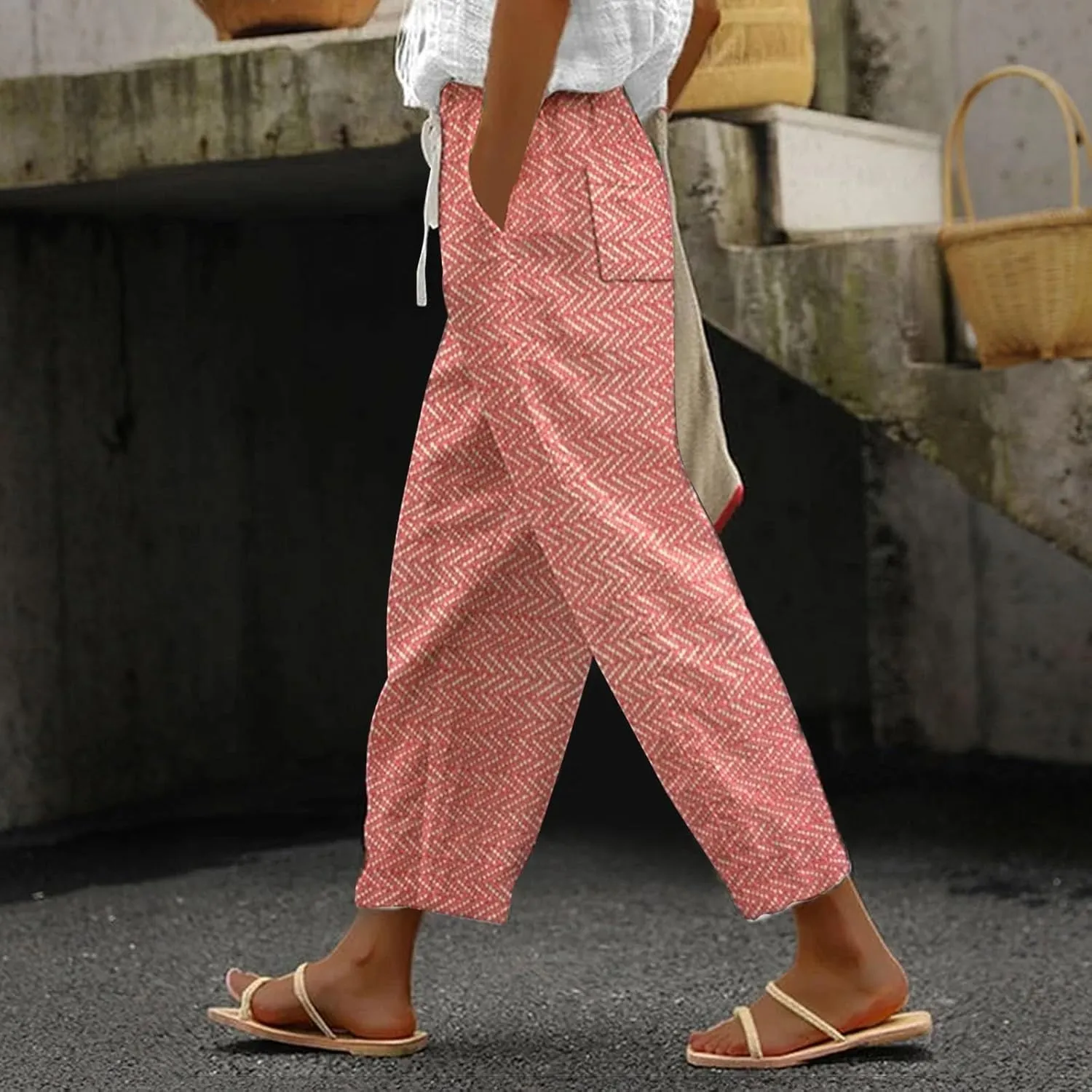Summer Capri Pants for Women 2024 Flax Elastic Long Pants Beach Leisure Trousers Women's Summer Casual Linen Pants
