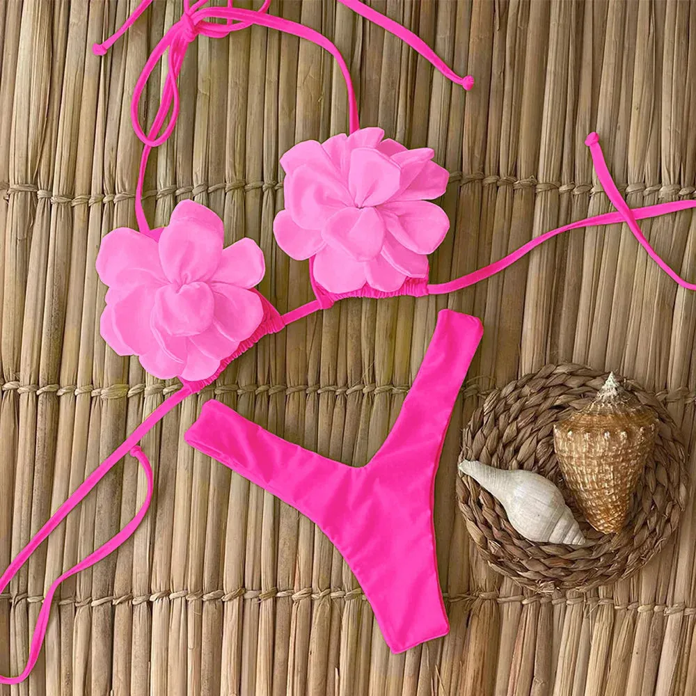 Trendy Floral High-Cut Bikini Set – Chic Petal Applique Swimwear