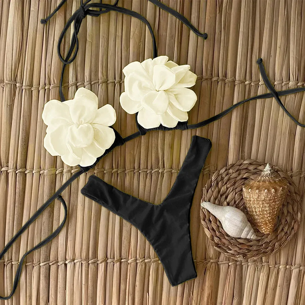 Trendy Floral High-Cut Bikini Set – Chic Petal Applique Swimwear