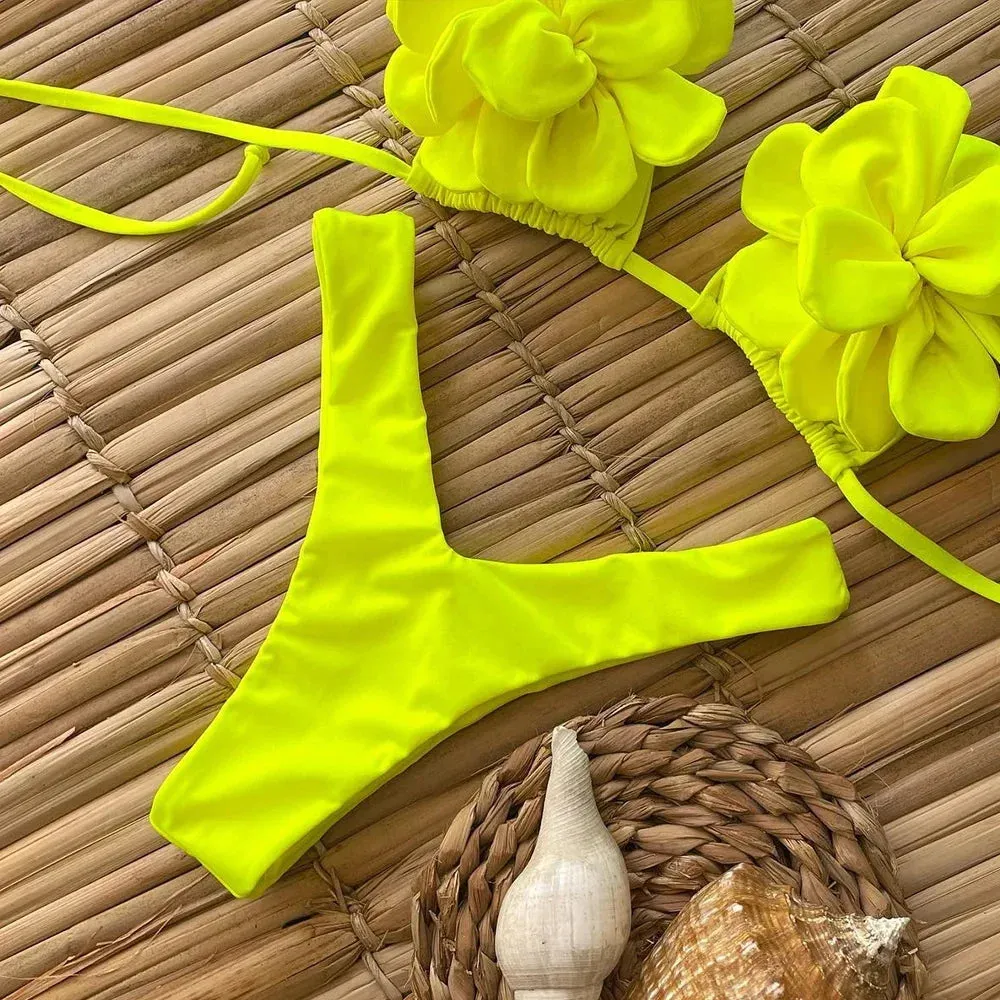 Trendy Floral High-Cut Bikini Set – Chic Petal Applique Swimwear