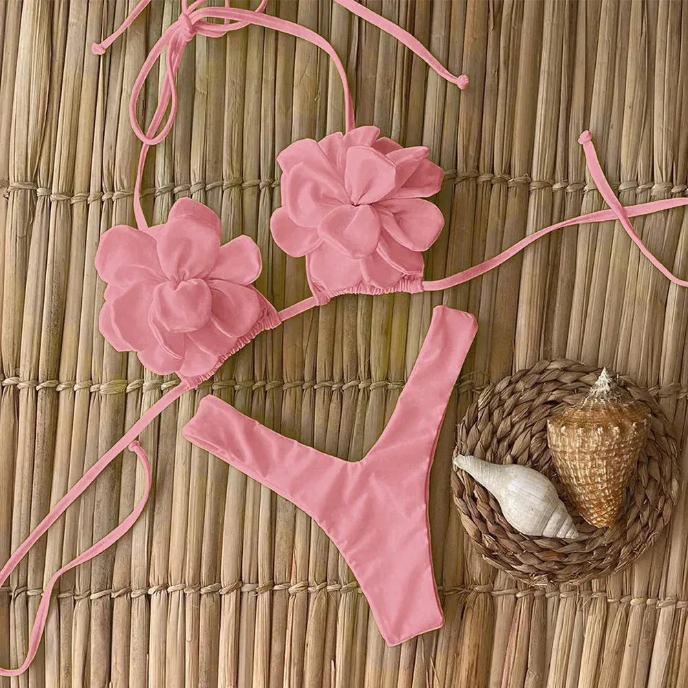 Trendy Floral High-Cut Bikini Set – Chic Petal Applique Swimwear