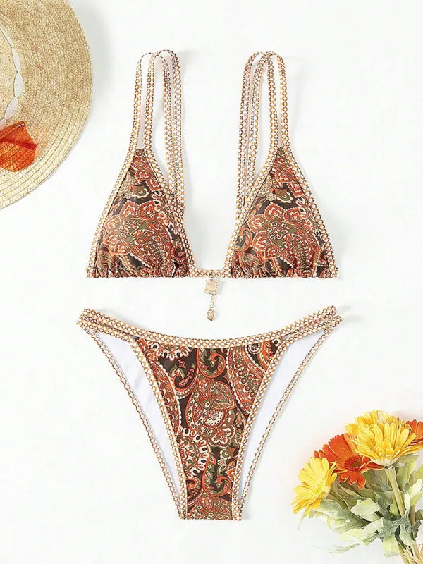 Trendy Paisley Bikini with Adjustable String Ties for Beach Vacations