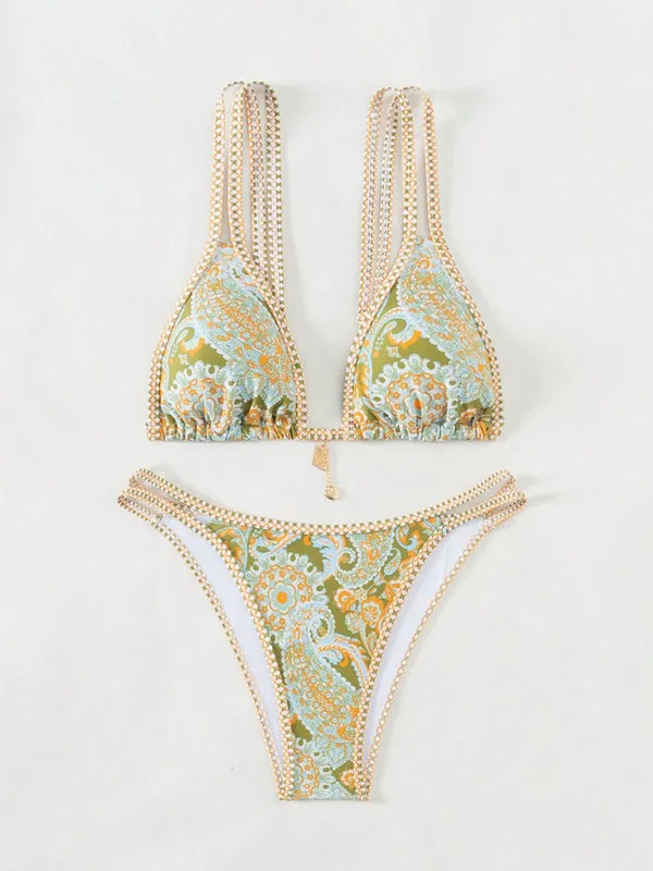 Trendy Paisley Bikini with Adjustable String Ties for Beach Vacations