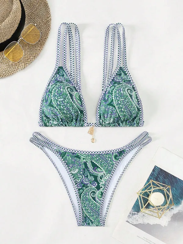 Trendy Paisley Bikini with Adjustable String Ties for Beach Vacations