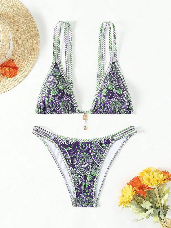 Trendy Paisley Bikini with Adjustable String Ties for Beach Vacations