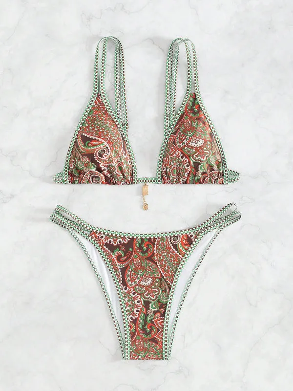 Trendy Paisley Bikini with Adjustable String Ties for Beach Vacations