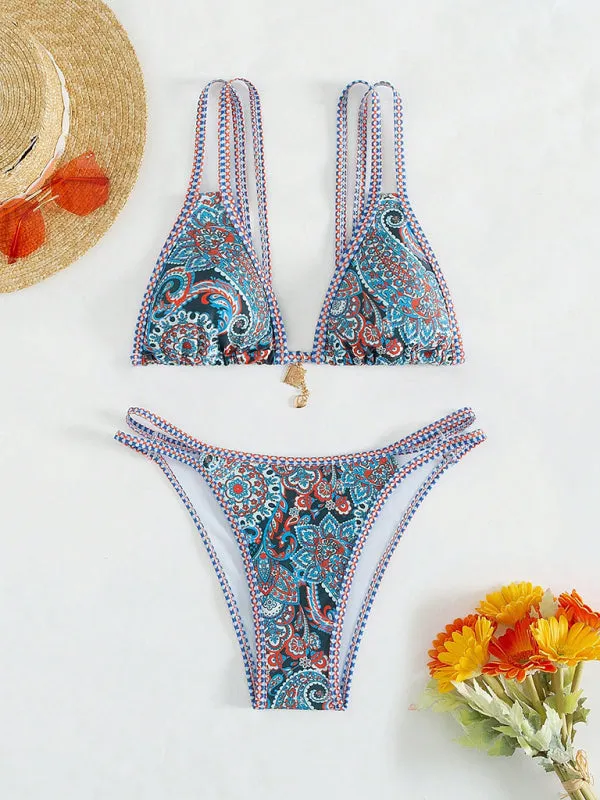 Trendy Paisley Bikini with Adjustable String Ties for Beach Vacations