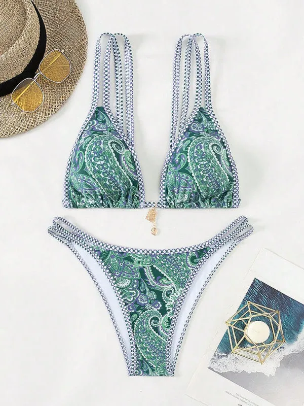 Trendy Paisley Bikini with Adjustable String Ties for Beach Vacations