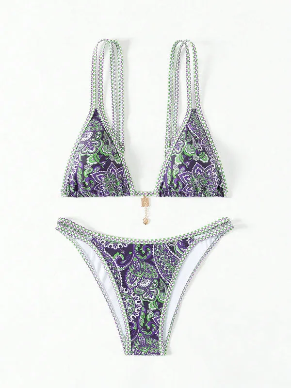 Trendy Paisley Bikini with Adjustable String Ties for Beach Vacations