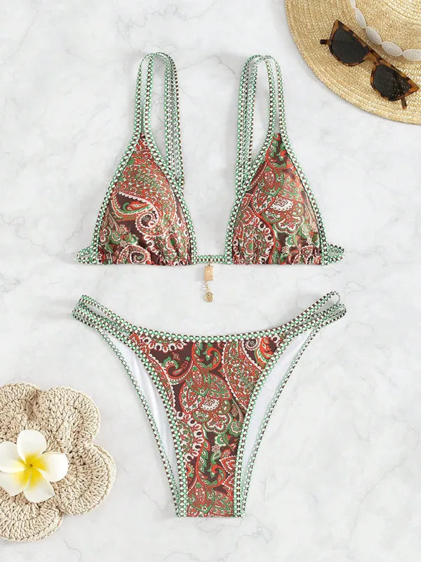 Trendy Paisley Bikini with Adjustable String Ties for Beach Vacations