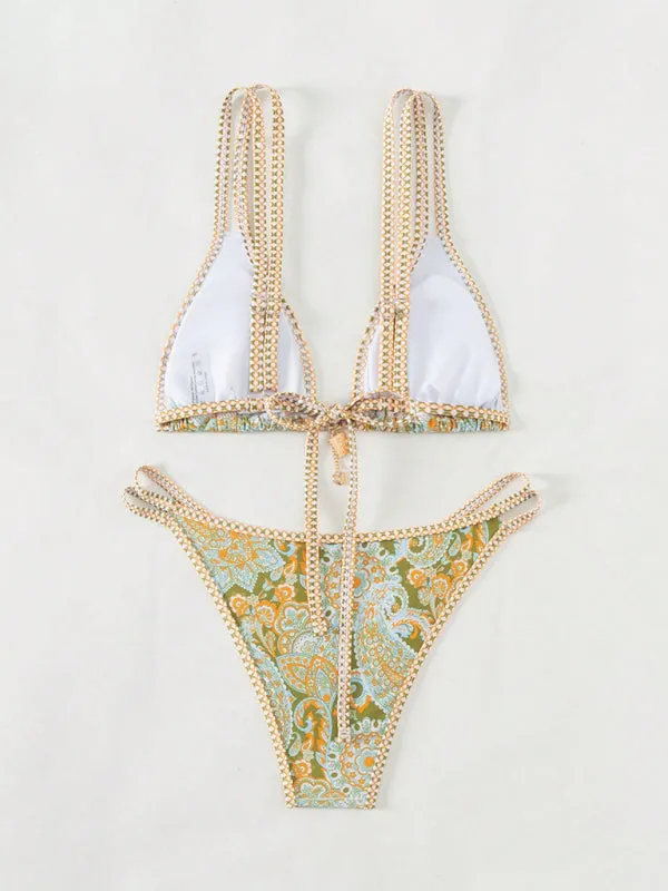 Trendy Paisley Bikini with Adjustable String Ties for Beach Vacations