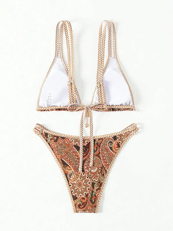 Trendy Paisley Bikini with Adjustable String Ties for Beach Vacations