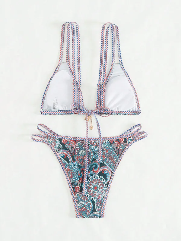 Trendy Paisley Bikini with Adjustable String Ties for Beach Vacations