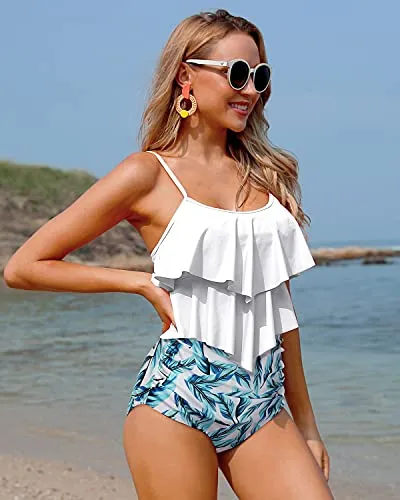 Two Piece Trendy Tankini Sets With High Waisted Bottoms For Women-White Leaf