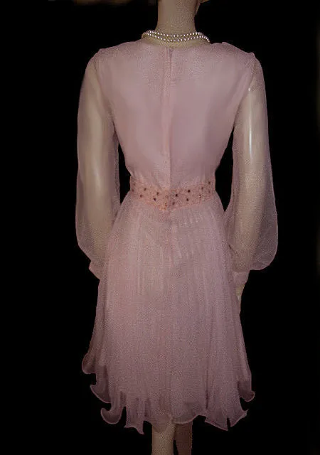 VINTAGE ‘50s PINK PLEATED PARTY DRESS ADORNED WITH SPARKING PINK RHINESTONES & BRAID WITH METAL ZIPPER