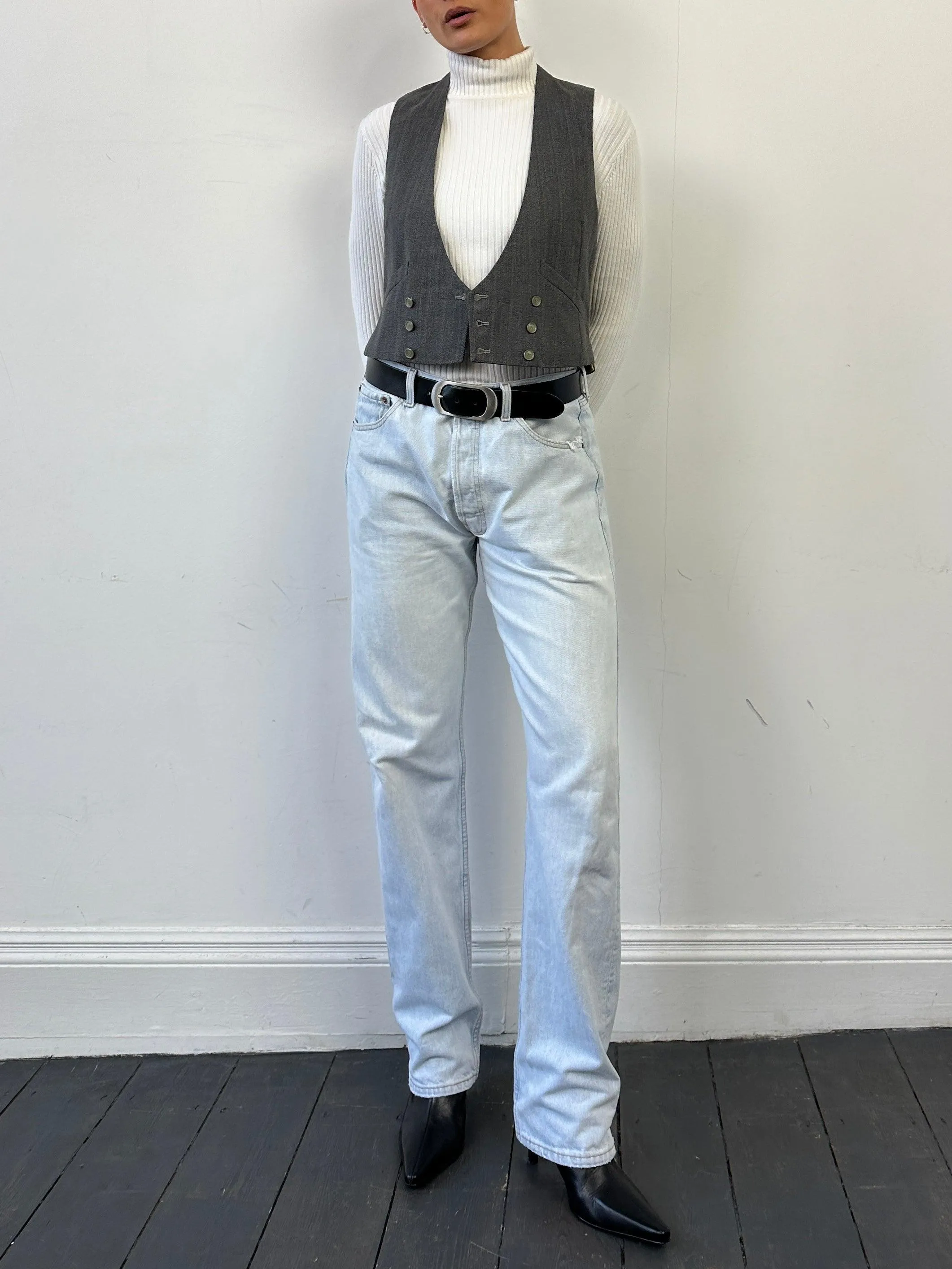 Vintage Wool Pinstripe Double Breasted Tailored Waistcoat - M