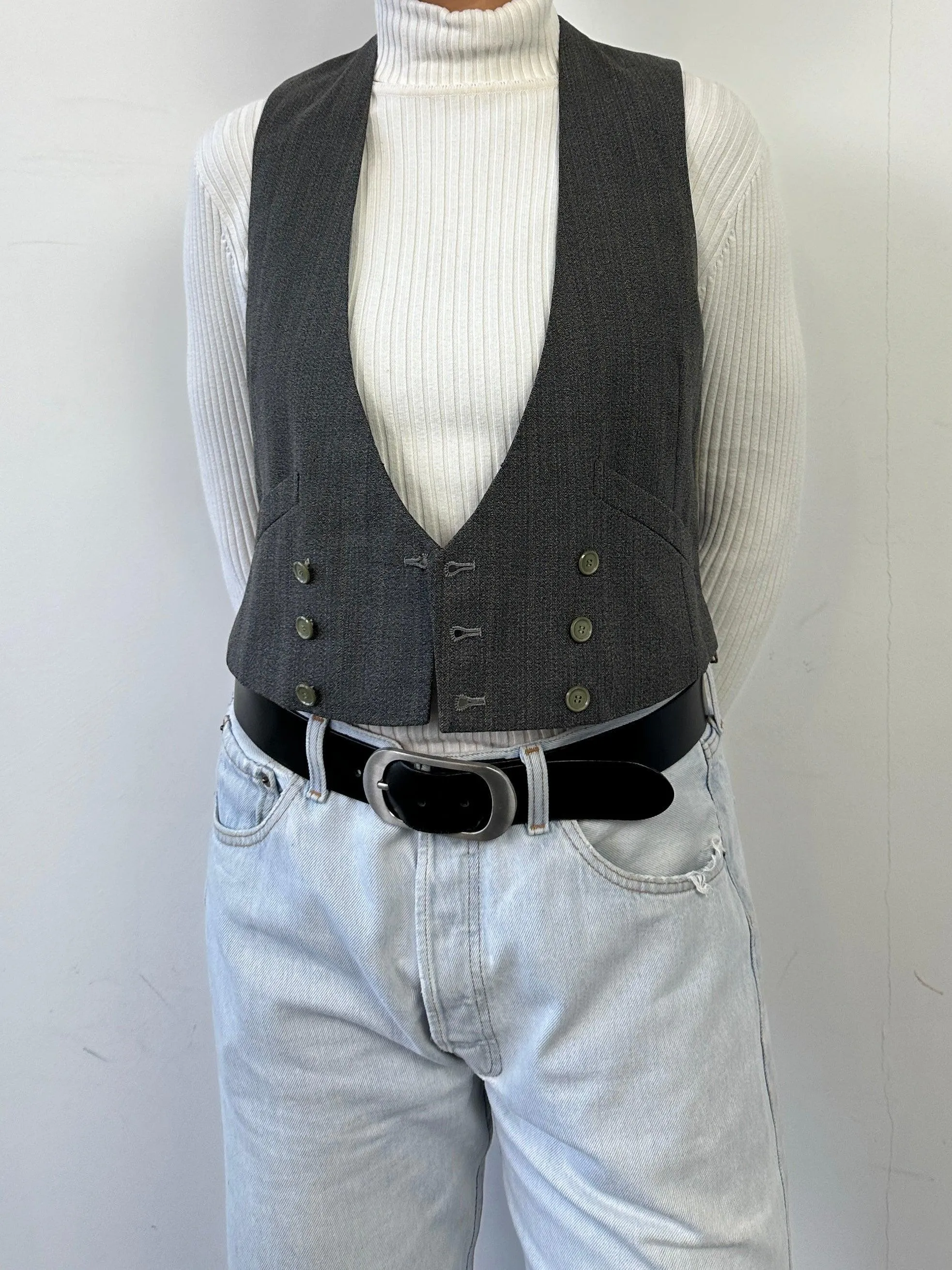 Vintage Wool Pinstripe Double Breasted Tailored Waistcoat - M