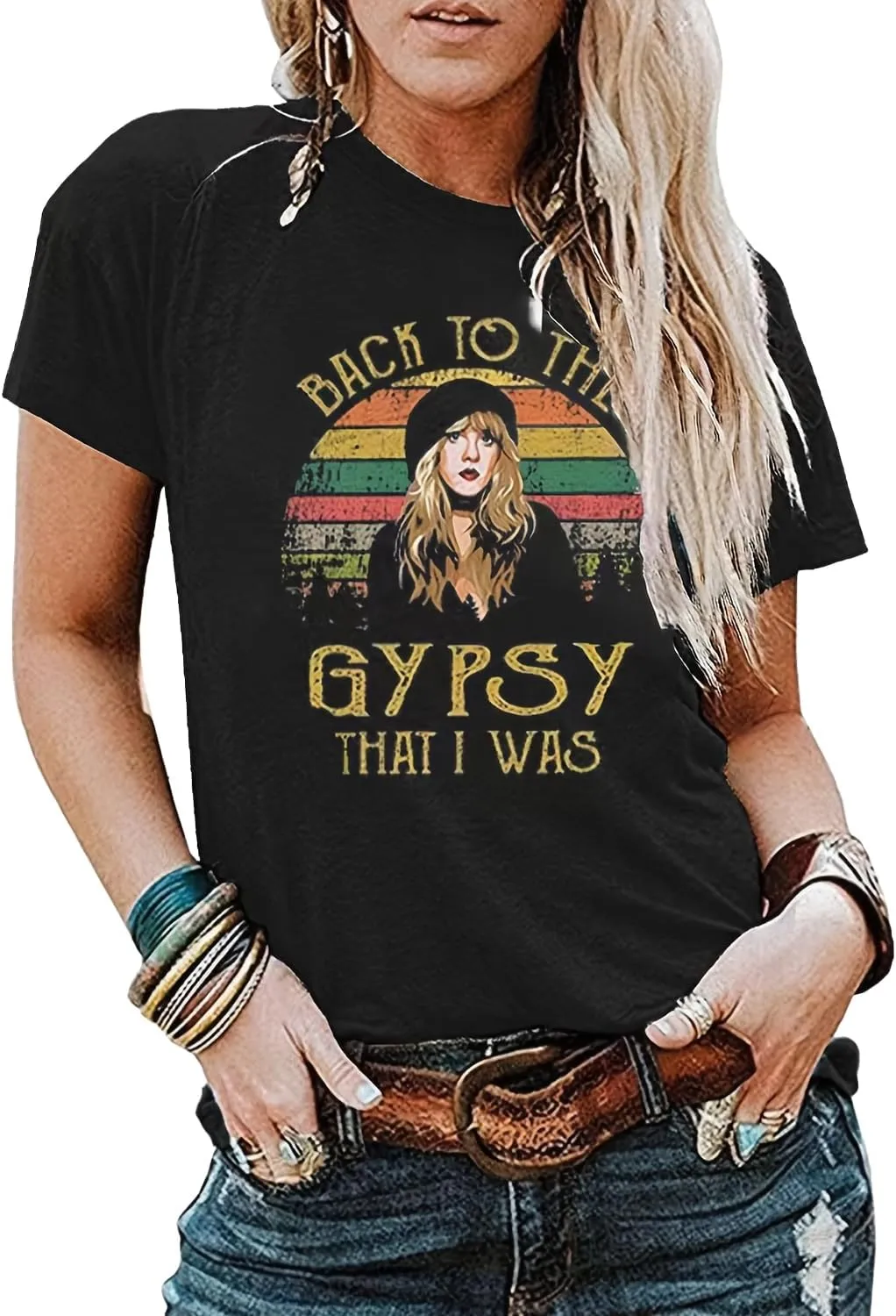 Women Country Music Shirts Back to The Gypsy That I was Graphic Tees Crew Neck Short Sleeve Loose Rock Music Tees Tops
