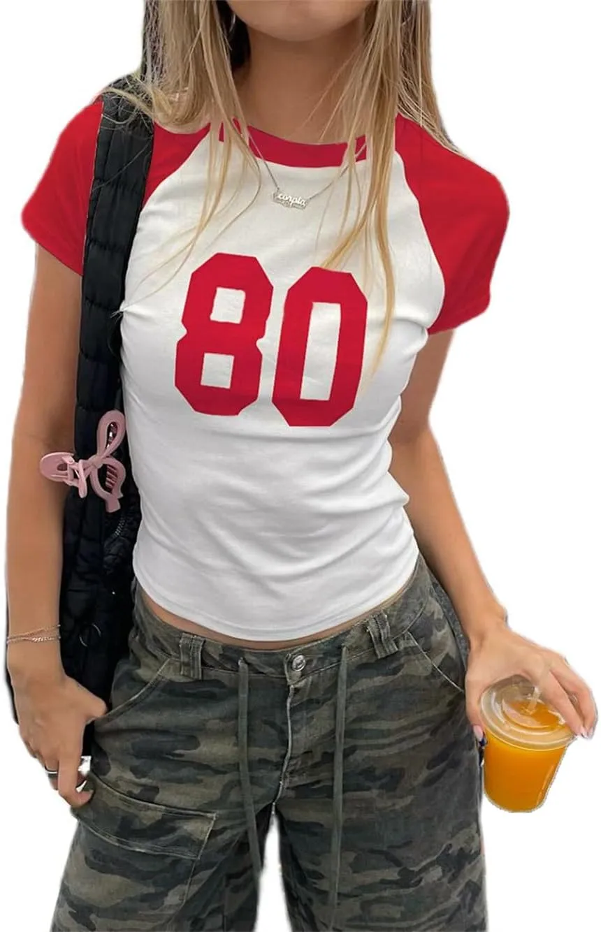 Women Number Baby Tees Short Sleeve Jersey Crop Top Slim Fit Crewneck Shirt Y2k Graphic T-Shirt Vintage Summer Top