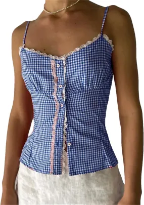 Women Summer Lace Trim Plaid Print V-Neck Buttons Down Spaghetti Strap Tank Crop Tops Vest