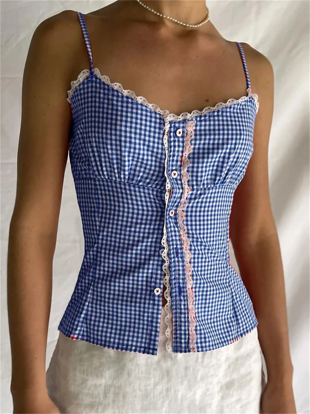 Women Summer Lace Trim Plaid Print V-Neck Buttons Down Spaghetti Strap Tank Crop Tops Vest