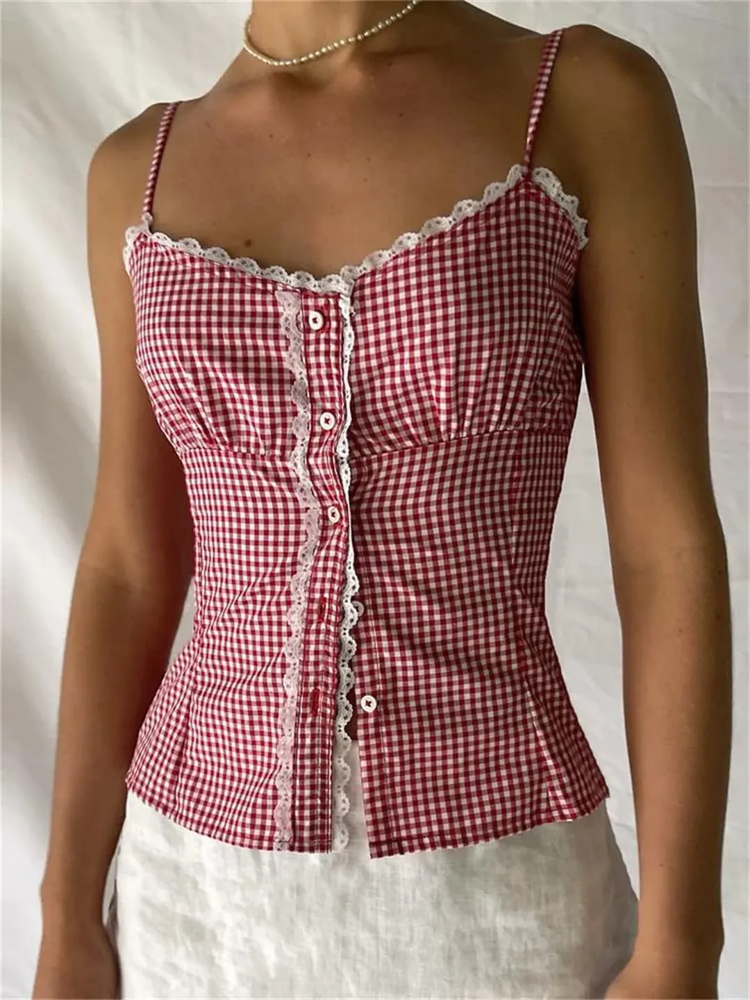 Women Summer Lace Trim Plaid Print V-Neck Buttons Down Spaghetti Strap Tank Crop Tops Vest