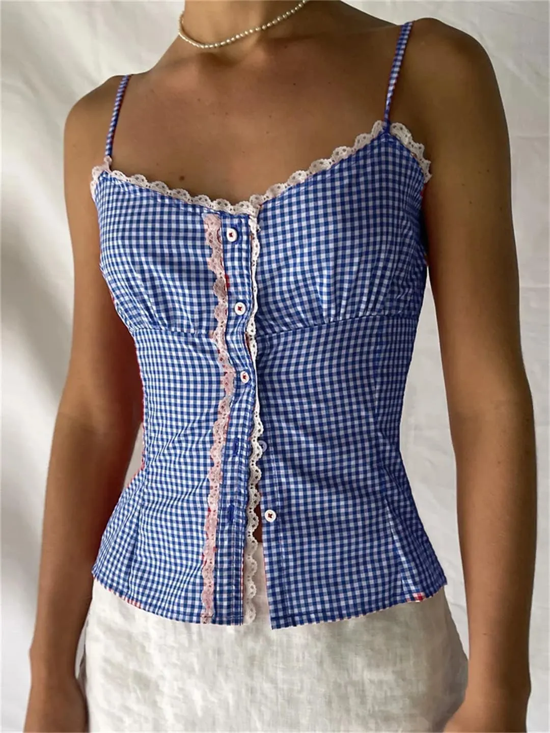 Women Summer Lace Trim Plaid Print V-Neck Buttons Down Spaghetti Strap Tank Crop Tops Vest
